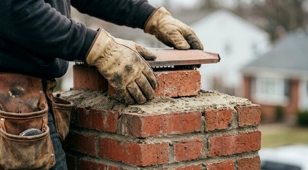Brick bedded into fresh mortar at the top of a stack