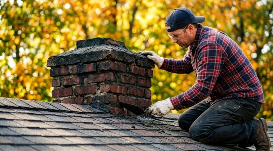 Mason mending a weathered stack above the fall tree line