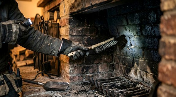 Lamp and wire brush scrubbing inside a firebox