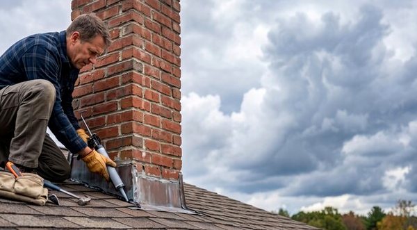 Sealant bead worked along chimney flashing before a storm