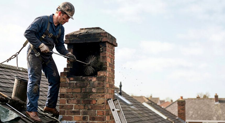 Sweep standing to the brush work from a roof ladder